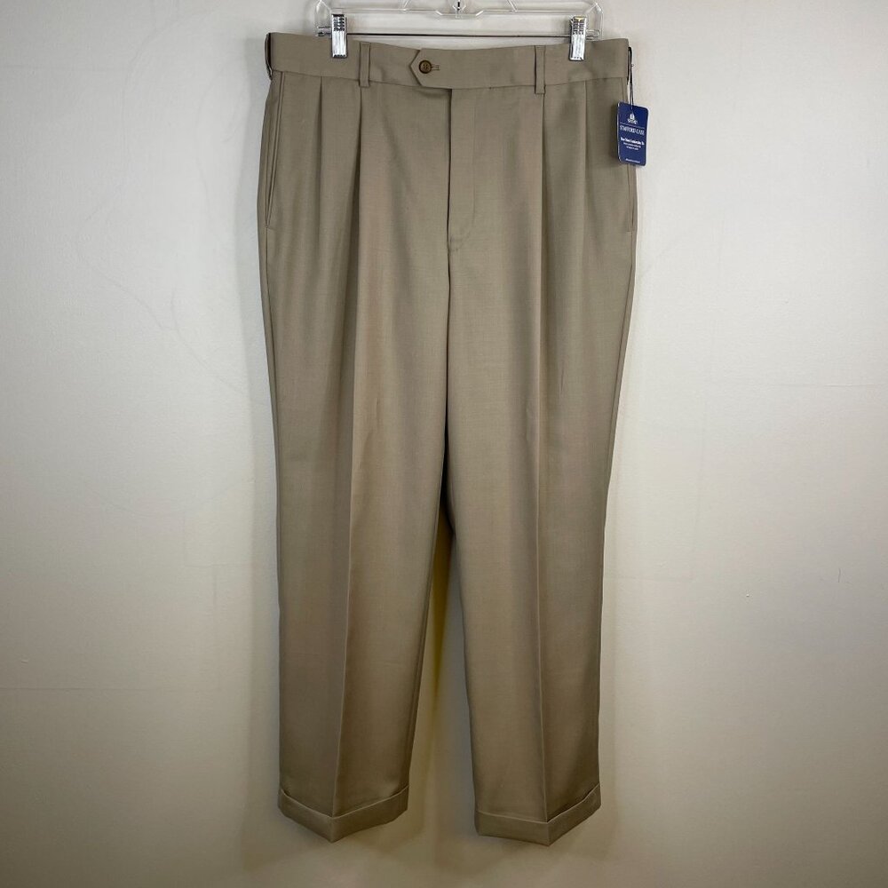 Vintage Mens Stafford Dress Pants NWT 36 x 30 Khaki Pleated Cuffed Career Slacks